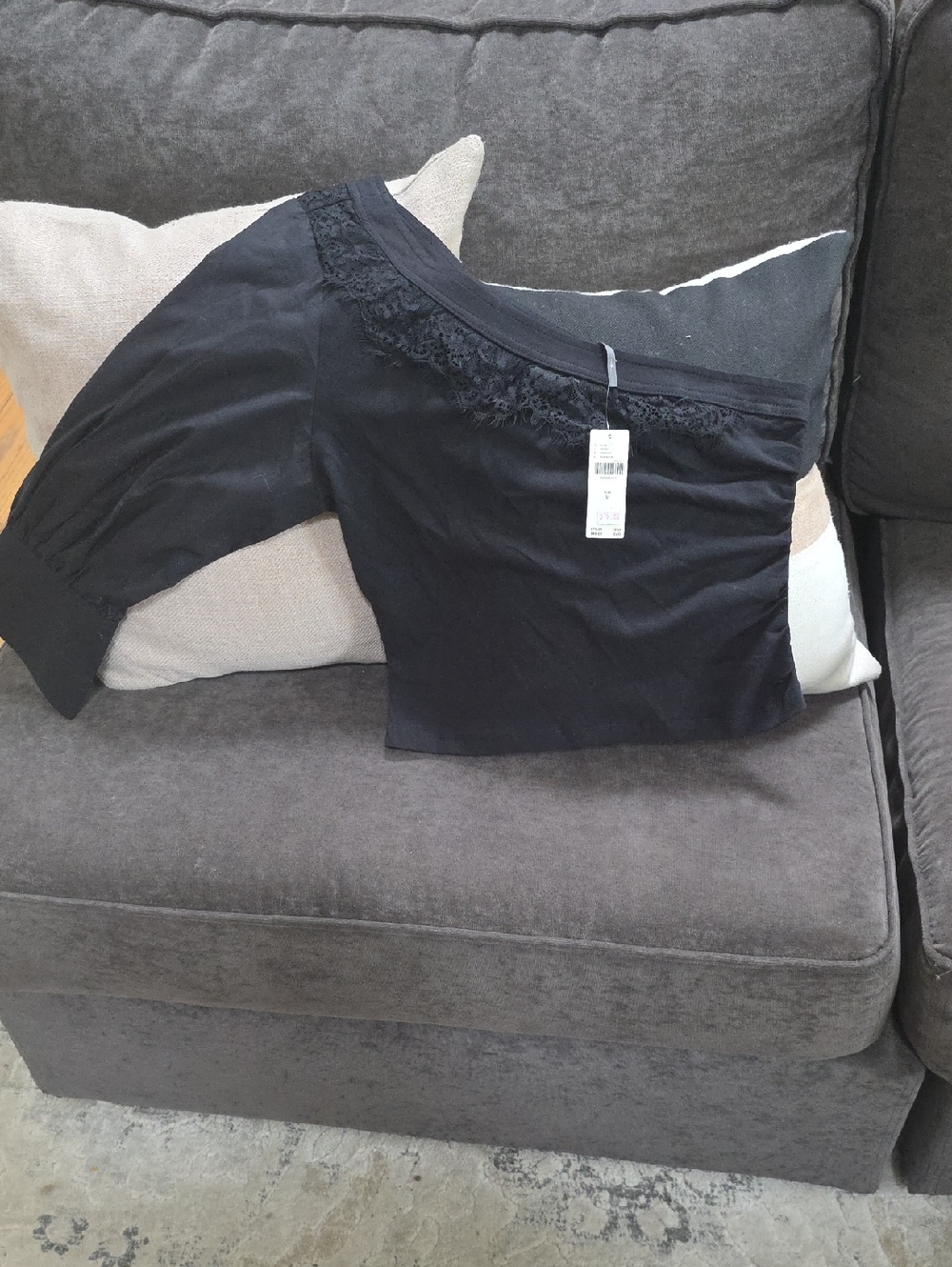 NWT Anthropologie Black One Shoulder Lace Trim Top
